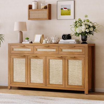 63''Farmhouse Buffet Sideboard Cabinet -Storage Credenza with Rattan Accents, 3 Drawers, 4 Doors, Adjustable Shelves – Dining Room, Kitchen, Entryway Organizer – Deep Natural Oak