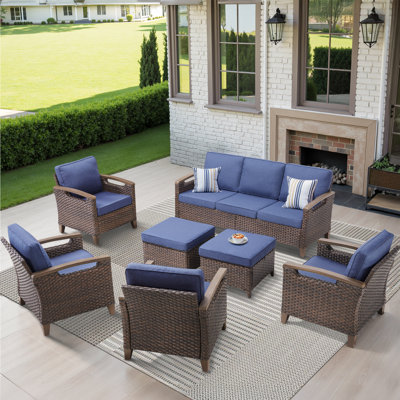 Ensemble de mobilier d'extérieur 7 pièces de qualité supérieure, canapé en rotin spacieux, 4 chaises de patio et 2 repose-pieds polyvalents, collection en osier PE toutes saisons pour patio, jardin, cour et bord de piscine