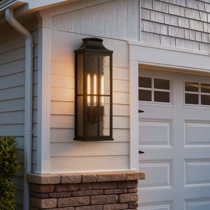 32” Matte Black Outdoor Wall Sconce With Ripple Glass, Hardwired Weatherproof Exterior Light, E26 Porch & Garage Lantern
