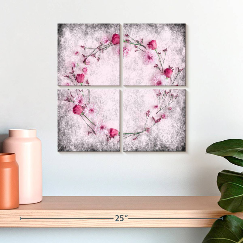 "Flower Pink Flower Wreath", ensemble de 4 reproductions sur toiles par Pink Sherbet, H 18 po x l 18 po x P 1 po