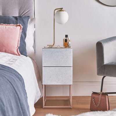 Tempered Glass Marble Stone Double Drawer Bedside Table For Bedroom, Living Room