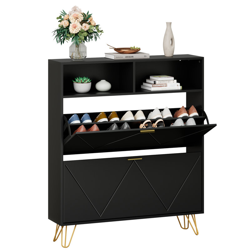 20 Pair Shoe Storage Cabinet With 2 Drawers, Black