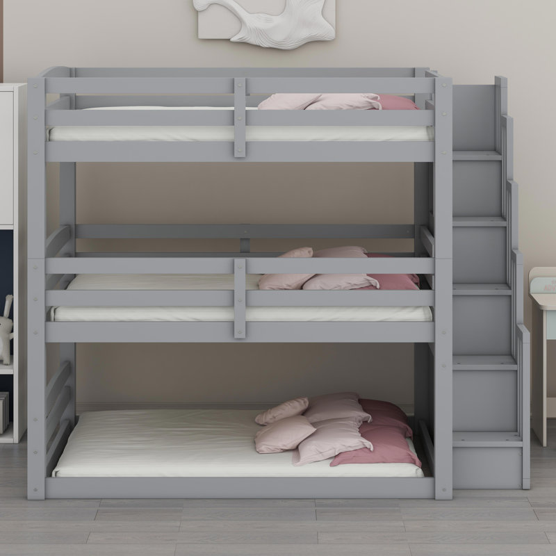 Lit superposé triple empilable avec compartiments d'escalier fonctionnels et unités amovibles, Gris