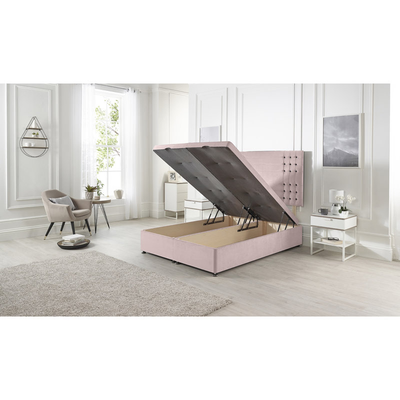 Luxara Solid Wood Ottoman Bed End Opening with Upholstered Headboard Tweed Fabric, Kingsize (5'), Pink Plush Velvet