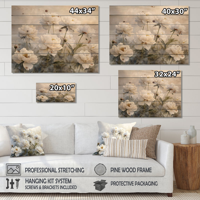Pivoines dans la brume de basse-cour I - impression de pivoines sur bois de pin naturel, H 30 po x l 40 po x P 0,78 po