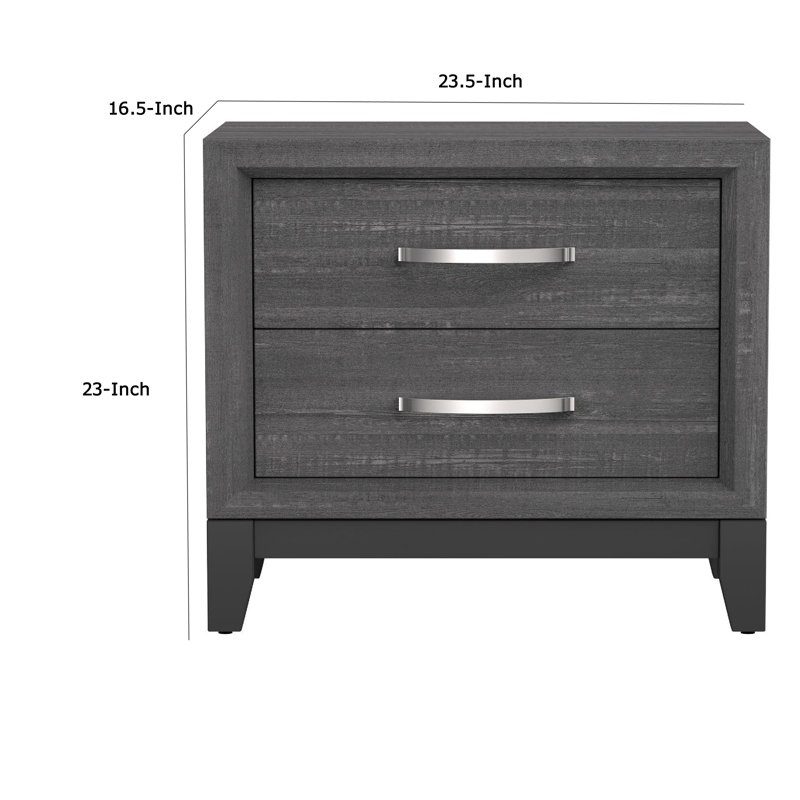 Erica Bedside Nightstand, 2 Drawers Chrome Bar Handles, Gray Wood