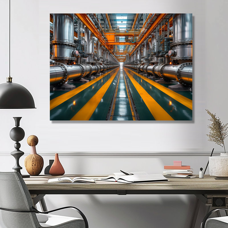 Tuyau industriel jaune, gris, industriel et monochrome, Toile encadrée noire simple, H 34 po x l 44 po x P 1,5 po