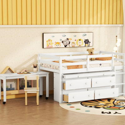 Lit mezzanine simple avec 4 tiroirs et bureau, blanc, tiroirs de bureau blancs rétractables pratiques, structure en bois de pin massif, espace pour la chambre à coucher