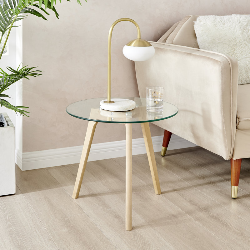Lakshmi Sala Scandinavian Style Glass and Wooden Leg Round Side Table - Living Room Small Table, Light Brown