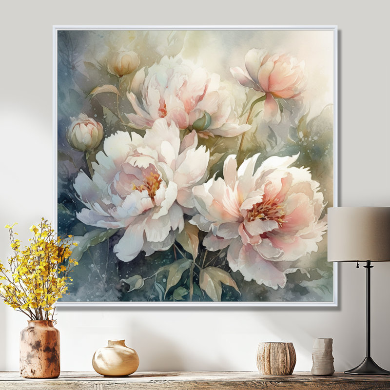 Pivoines roses et vertes sur une branche II - pivoines, art mural, H 24 po x l 24 po x P 1 po, Cadre flottant blanc