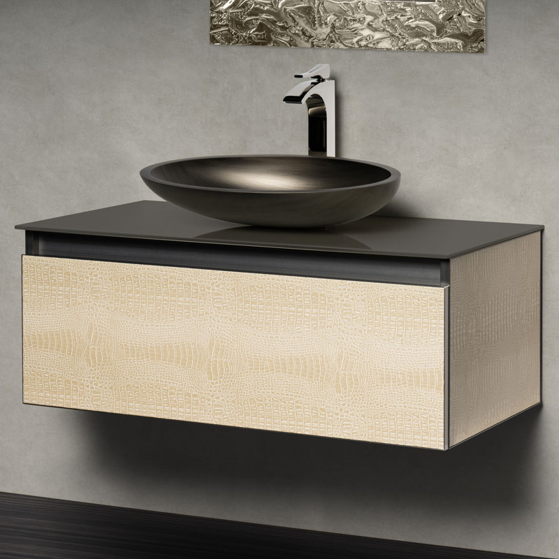 Meuble-lavabo simple avec comptoir, Crocodile clair, 35", Verre trempé noir