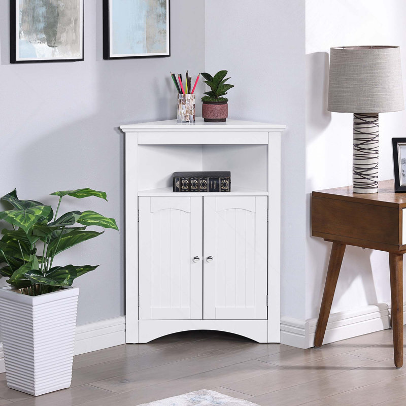 Armoire de plancher et d'angle avec portes, tablettes et compartiments ouverts pour la cuisine, le salon et la salle de bain