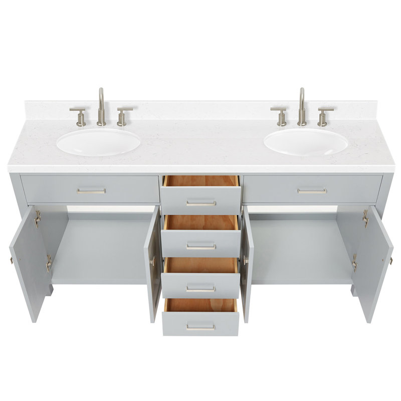 2_ARIEL Bristol 72 Double Sink Bathroom Vanity with Carrara White Quartz, Oval, Gray, 72"