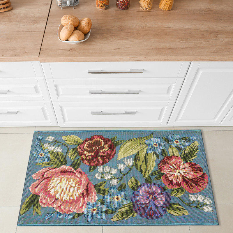 Andreane Floral Synthetic Non-Skid Kitchen Mat, Rectangle 2' x 2'10", Aqua/Blue