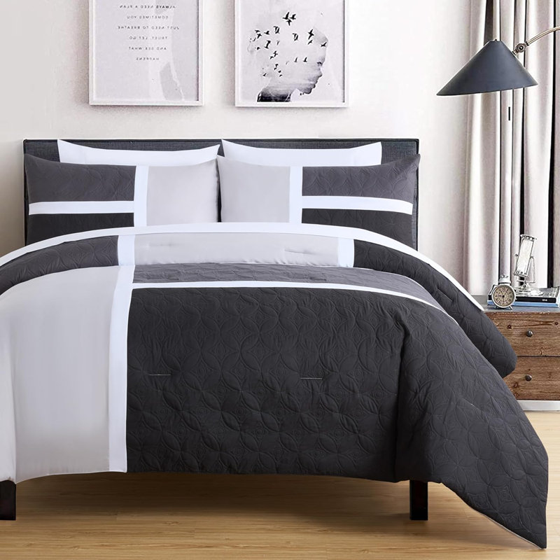 7-Piece Patchwork Bed in a Bag Comforter Set with Sheets, King Comforter + 6 Additional Pieces, Black/Gray/Light Gray
