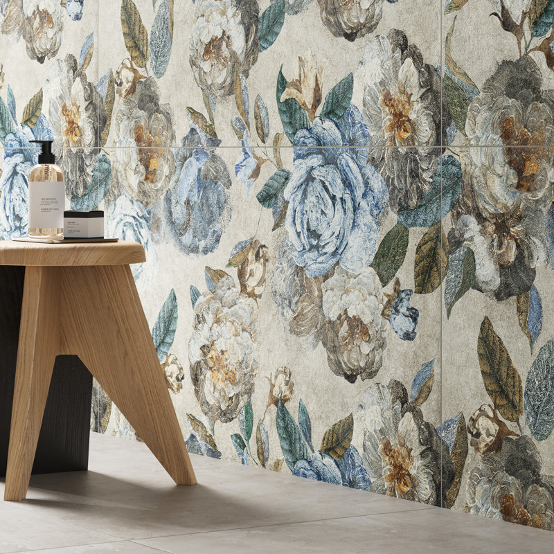 Parete Fiori 24" x 47" Porcelain Natural / Floral Wall & Floor Tile, Blue/Gray