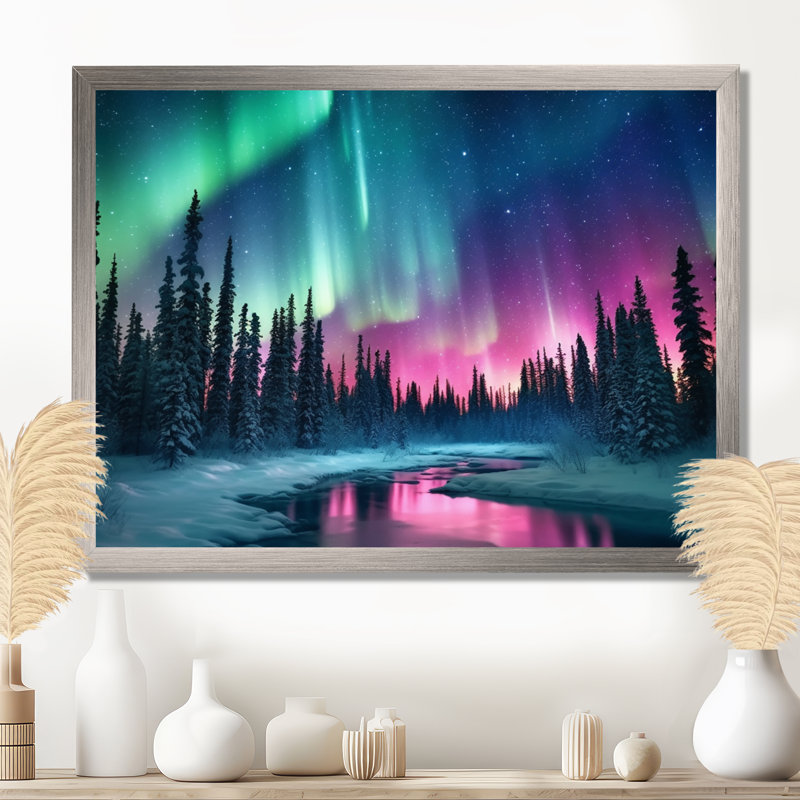 Northern Lights In Alaska II - Alaska, art mural, H 24 po x l 32 po x P 1 po, Cadre simple argenté