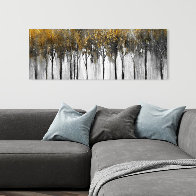 Toile abstraite forêt jaune, H 48 po x l 16 po
