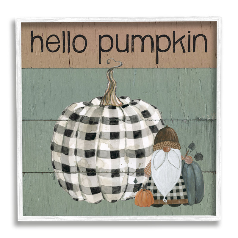 Gnome écossais «Hello Pumpkin», Giclée encadrée blanc bord de mer, H 24 po x l 24 po x P 1,5 po