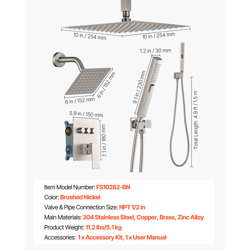 Shower Faucet Set, 10 Inch Ceiling Mount Rainfall Shower System with 6 Inch Wall Mount Head and 2 in 1 Handheld Spray, Rotatable 3-Function Dual Rain Head Brass Valve & Trim Kit, Brushed Nickel