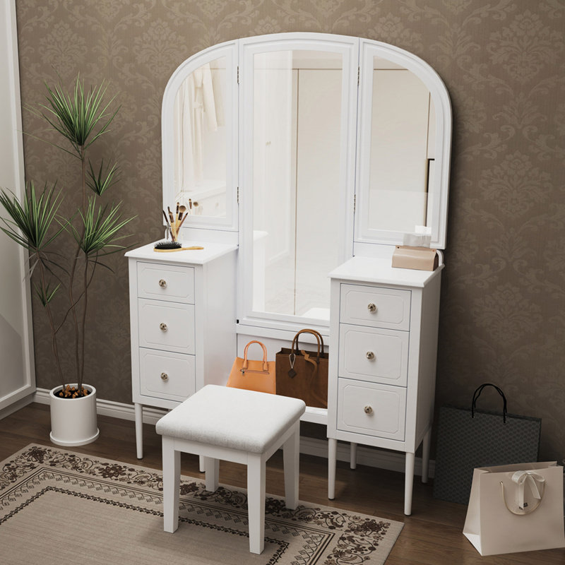 Antique Makeup Vanity Desk with Triple Mirror