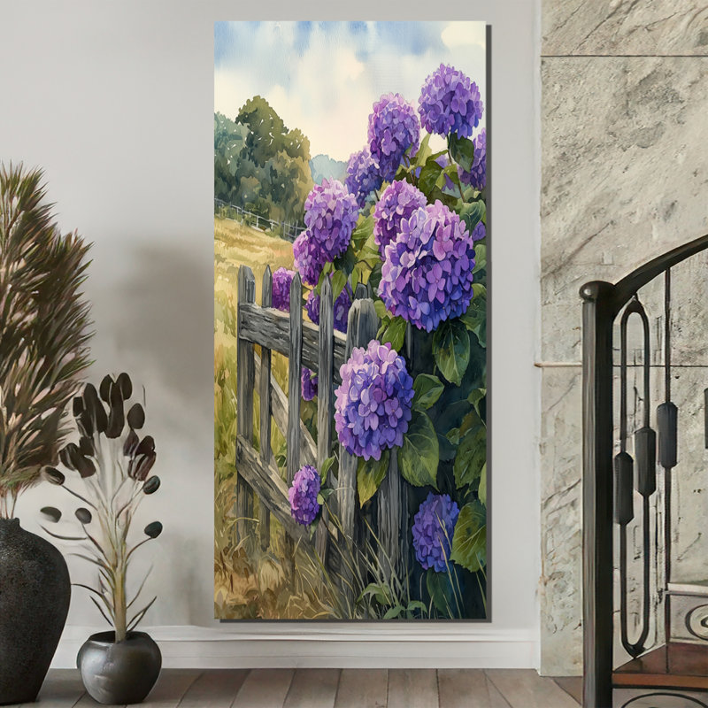 Canterbury Summer Hydrangeas By The Farm Fence IV - Hydrangea Wall Art, H 60 po x l 28 po, Toile tendue, Ne s’applique pas