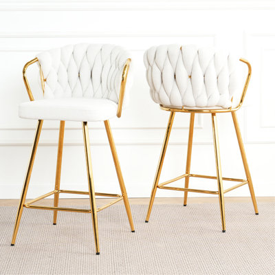 2 tabourets hauts modernes, pieds dorés, chaise de bar de cuisine en lin blanc, pour café-restaurant, base ergonomique et sécurisée, pied réglable antidérapant, siège spacieux, imperméable, facile à rincer