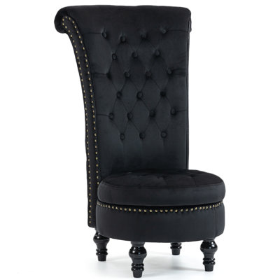 Fauteuil royal à dossier haut, accoudoirs en velours avec rangement, garniture cloutée, pieds en bois d'hévéa massif pour le salon, la chambre à coucher, noir