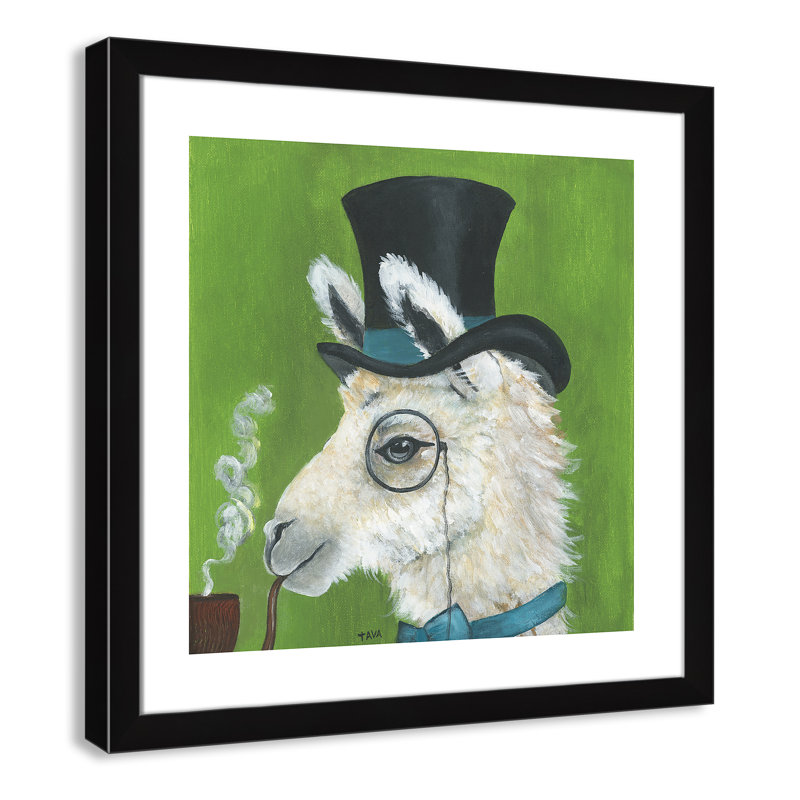 Lama et tuyau, art encadré, H 24,5 po x l 24,5 po x P 0,625 po, Cadre noir