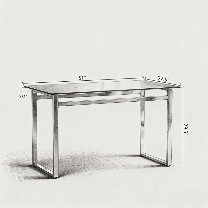Table de salle à manger 51 "moderne en verre rectangulaire minimaliste pour 4 à 6 personnes avec plateau en verre trempé de 0,31" et pieds en métal chromé argenté, bureau de table d'écriture, pour la cuisine