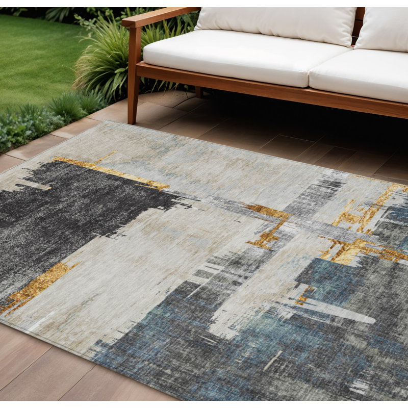 Tapis extérieur lavable abstrait gris anthracite et brun clair 9 pi x 12 pi