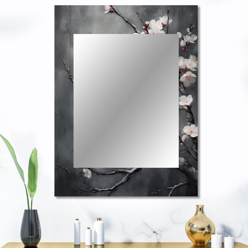 Cerisier en fleurs blanc sur 20 nuances de gris - miroir mural décoratif cerise, grand miroir traditionnel, art imprimé en métal