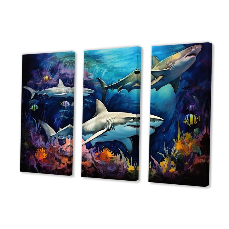 Shark Haven Under Water, ensemble d'art sur toile, H 28 po x l 36 po