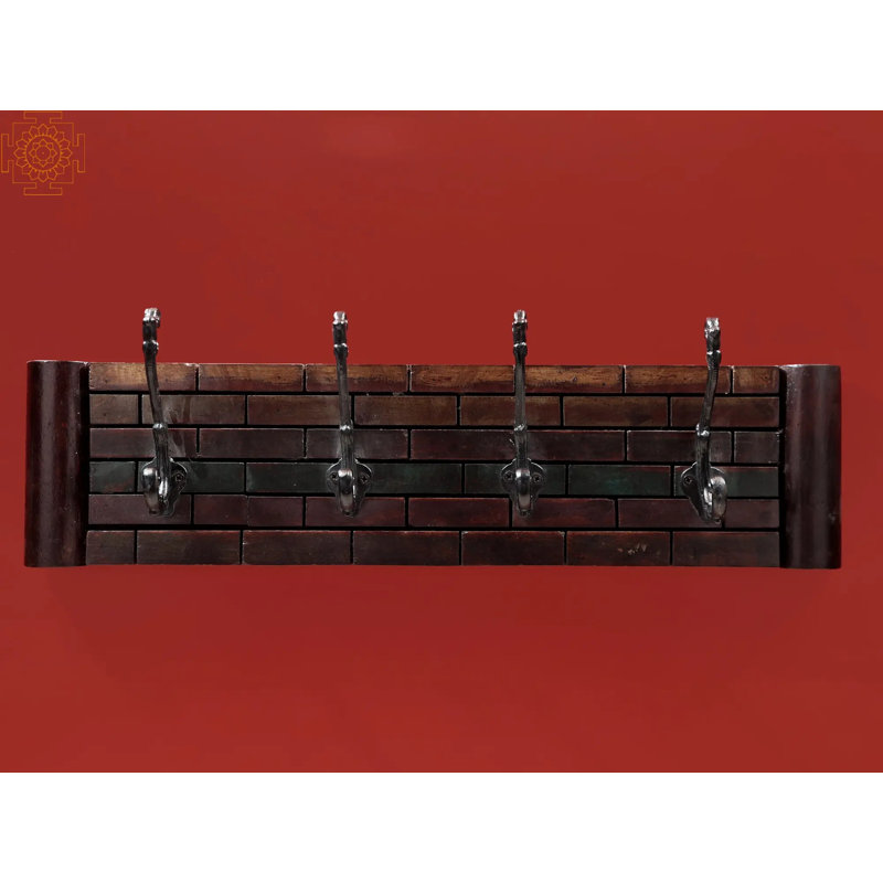Portemanteaux mural en bois massif fait à la main - Organisateur de vestibule rustique 24 po, 4 crochets en métal, porte-clés et porte-manteau en mosaïque