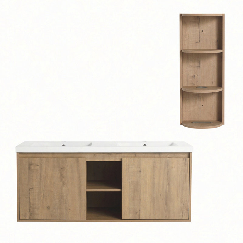 Meuble-lavabo mural 48 po avec double lavabo et support de rangement, portes à fermeture douce