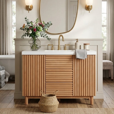 47.2" Single Bathroom Vanity with SMC Resin Sink, 3 Drawers and Adjustable Storage, Fluted Design, Modern Farmhouse, Primary Bathroom