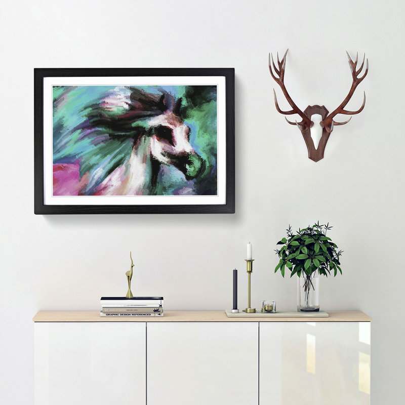 Horse Design in Abstract - Picture Frame Painting Print, 27cm H x 36cm W x 2cm D, Black Framed