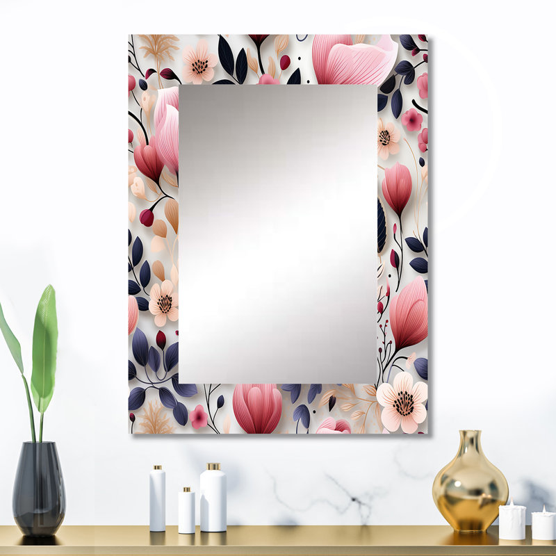 Keonnie Pink Romantic Trance Floral Pattern - Floral Mirror, Cottage Unique Wall Mirror, Printed Metal Art, 32" x 24"