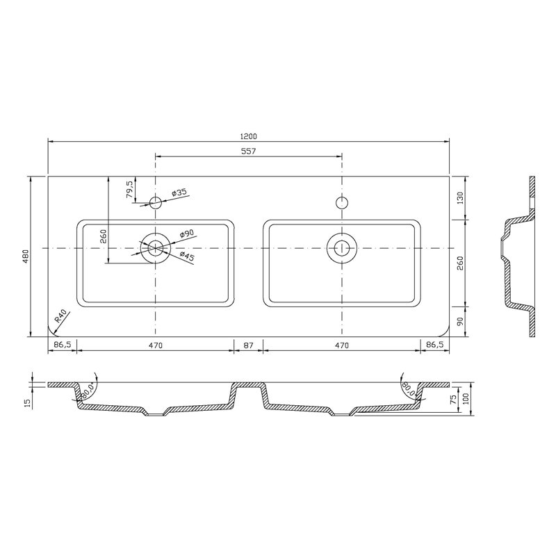 Stanhope 1200mm Double Bathroom Vanity with Integrated Glass Basin, Blue