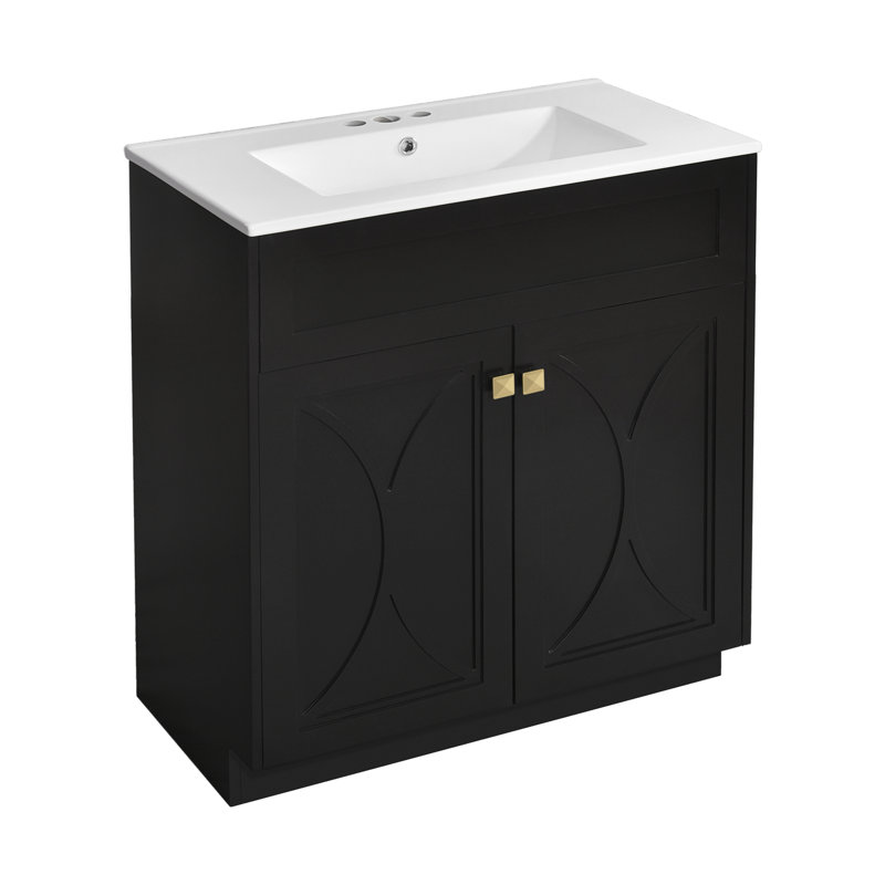 Ensemble de meuble-lavabo avec lavabo en céramique et poignées en métal, Noir, noir, noir, noir