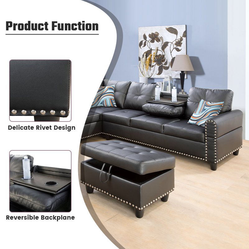 Plyler 97.2" Wide Modular Sectional with Ottoman, Black Faux Leather, Left Hand Facing