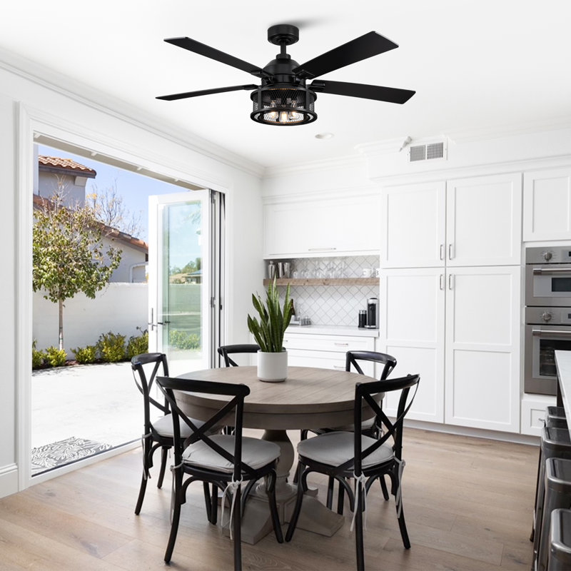 Rippeon 52'' Ceiling Fan with Light Kit, Black with Black/Pine Blades