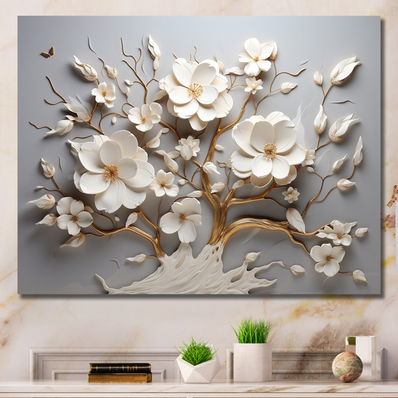 White Orchid Tree Garden Of Branches 10 - Abstract Floral Wall Art for Living Room, 34" H x 44" W x 1.5" D, Wrapped Canvas