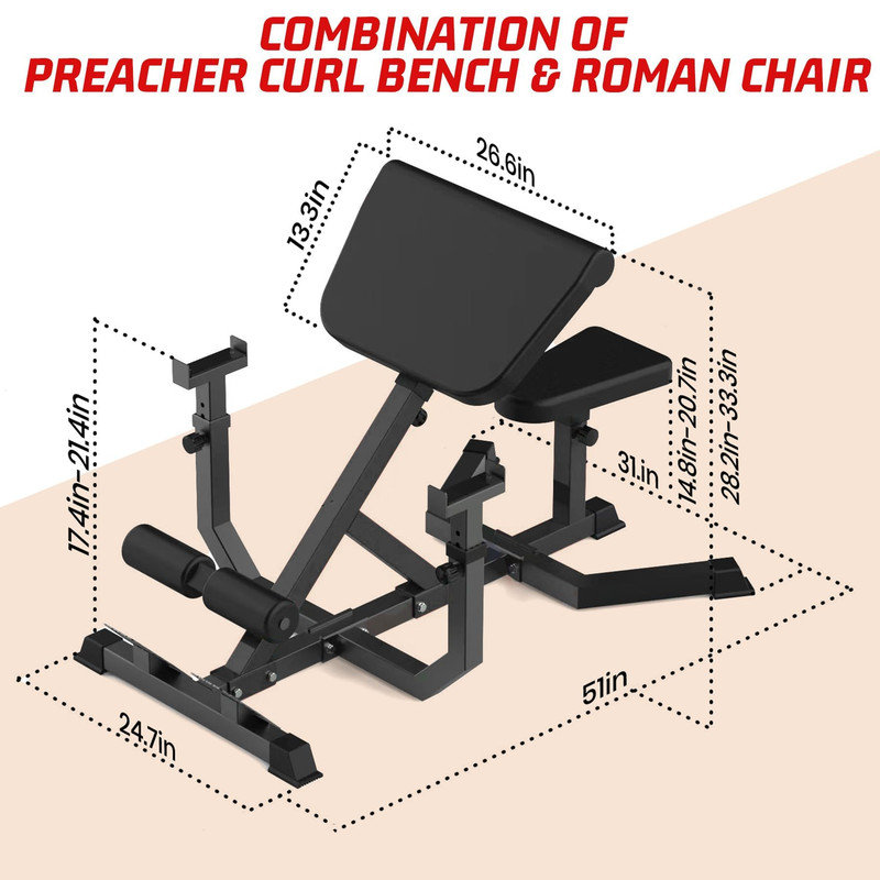 Banc ajustable hyperextension et Preacher Curl - Gymnase multifonctionnel, noir