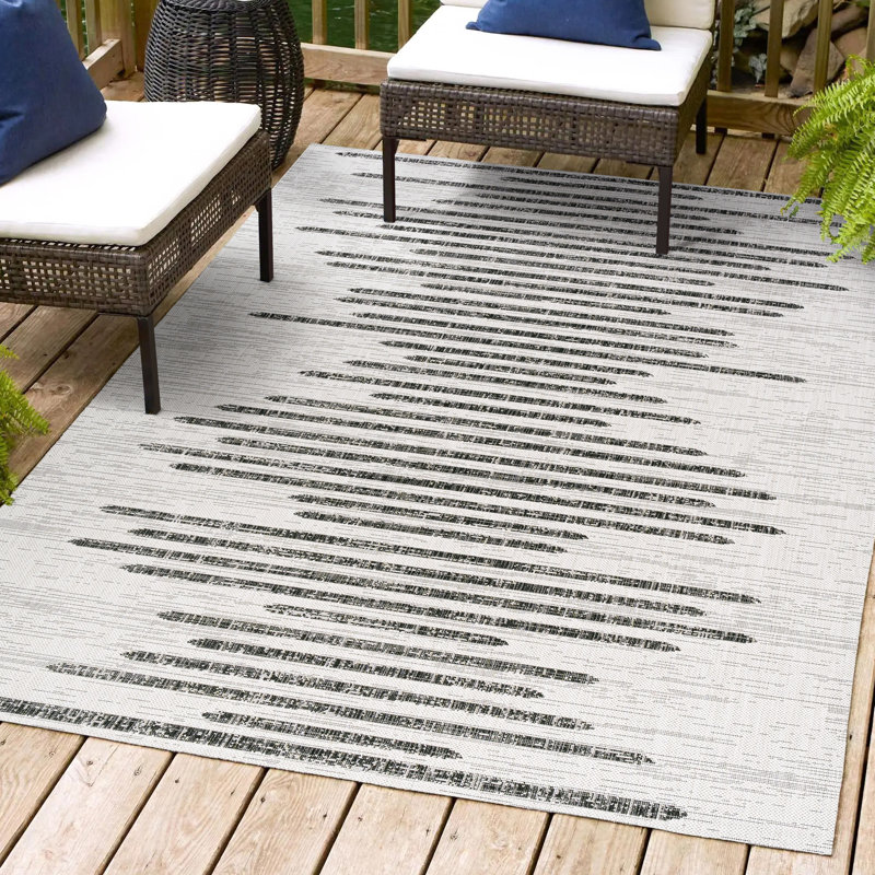 Exmore Berber Stripe Geometric Ivory/Black Indoor/Outdoor Rug, Rectangle 6' x 9'