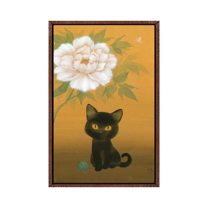 Black Cat And Peony by Martin Hsu - Print on Canvas, 101.6 cm H x 66.04 cm W, Classic Brown Wood Framed