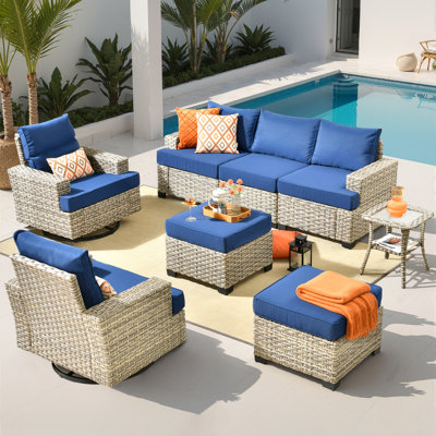 Wicker 7-Person Modular Outdoor Sectional Seating Group With Swivel Chairs And Cushions, Patio Conversation Set With Ottomans