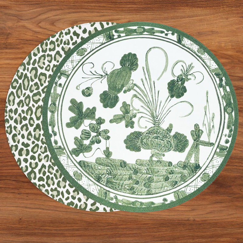 Vida Leather-like; Linen Round Placemats, Green
