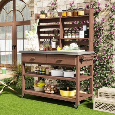 Banc de rempotage d'extérieur en bois de sapin avec plateau en acier inoxydable, rangement et support supérieur réglable