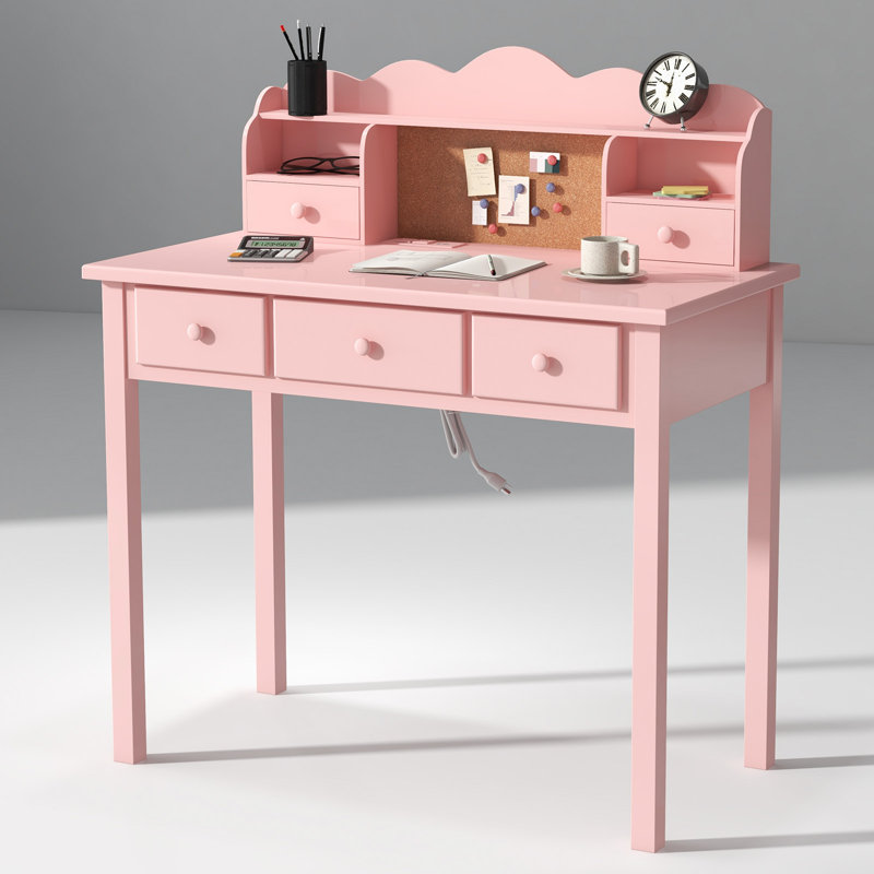 Mailiah Solid Wood Base Writing Desk with Power Outlet, Pink
